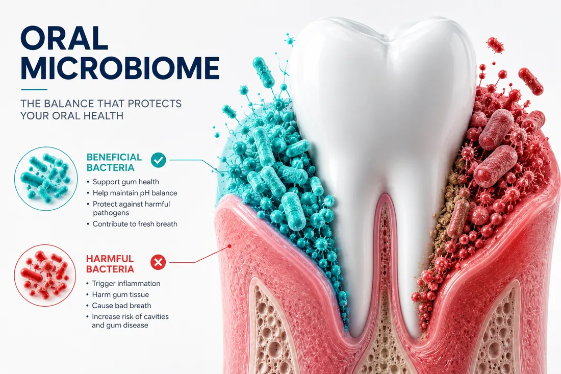 Orvosi infografika, amely bemutatja a szájüregi mikrobiom hasznos és káros baktériumait